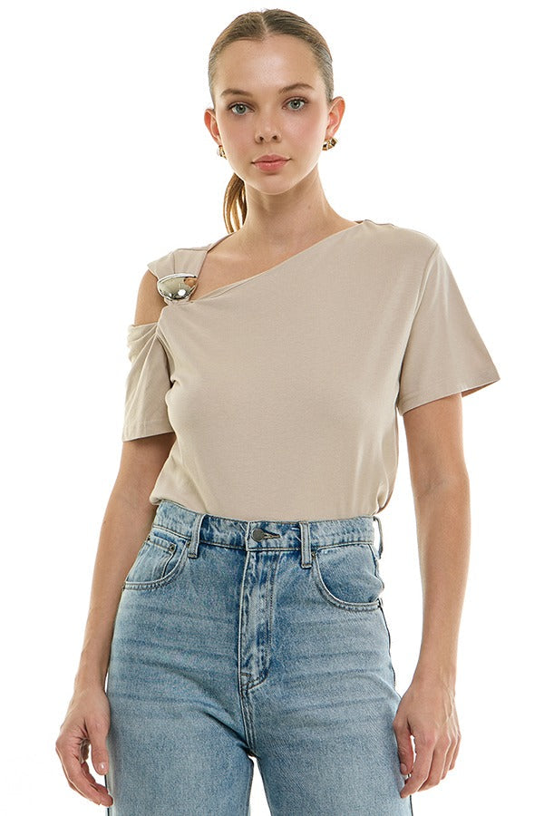 One-Shoulder Gold Detail Draped Top