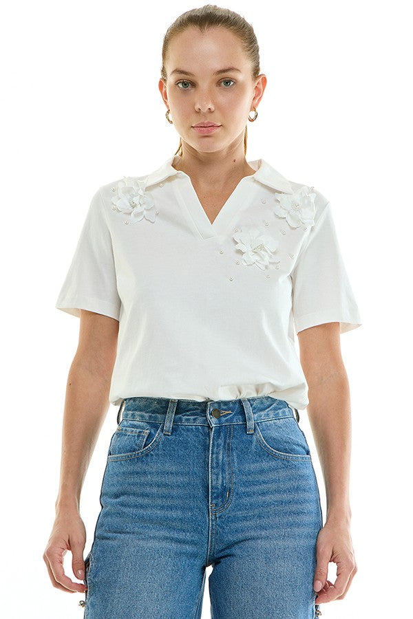 Floral Appliqué Polo Top