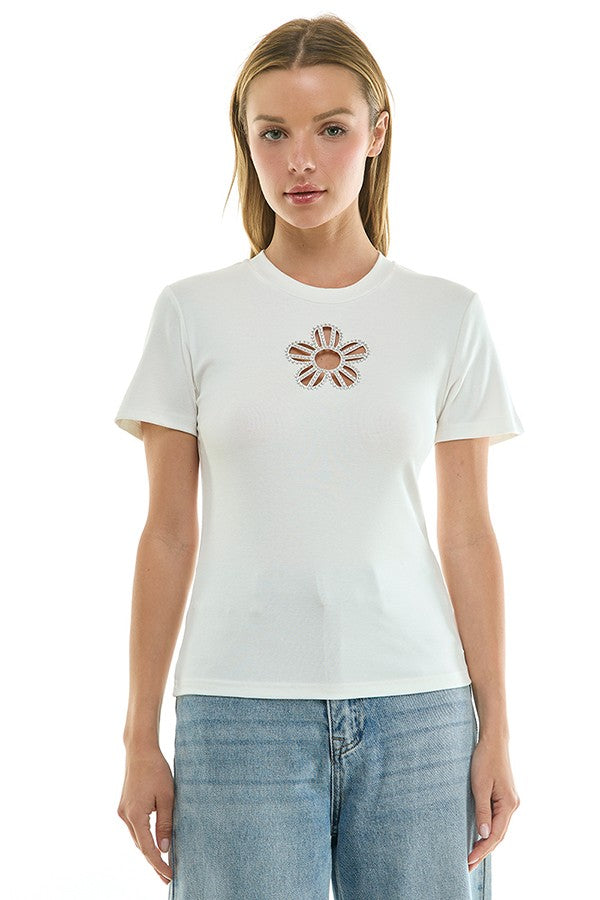 Rhinestone Flower Cutout Fitted Tee