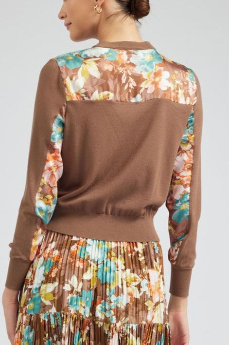 Long-Sleeve Round Neck Button-Down Woven Combo Cardigan