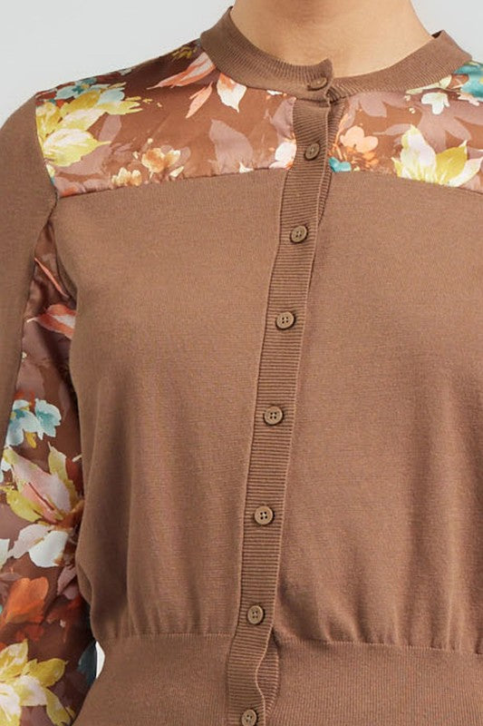 Long-Sleeve Round Neck Button-Down Woven Combo Cardigan