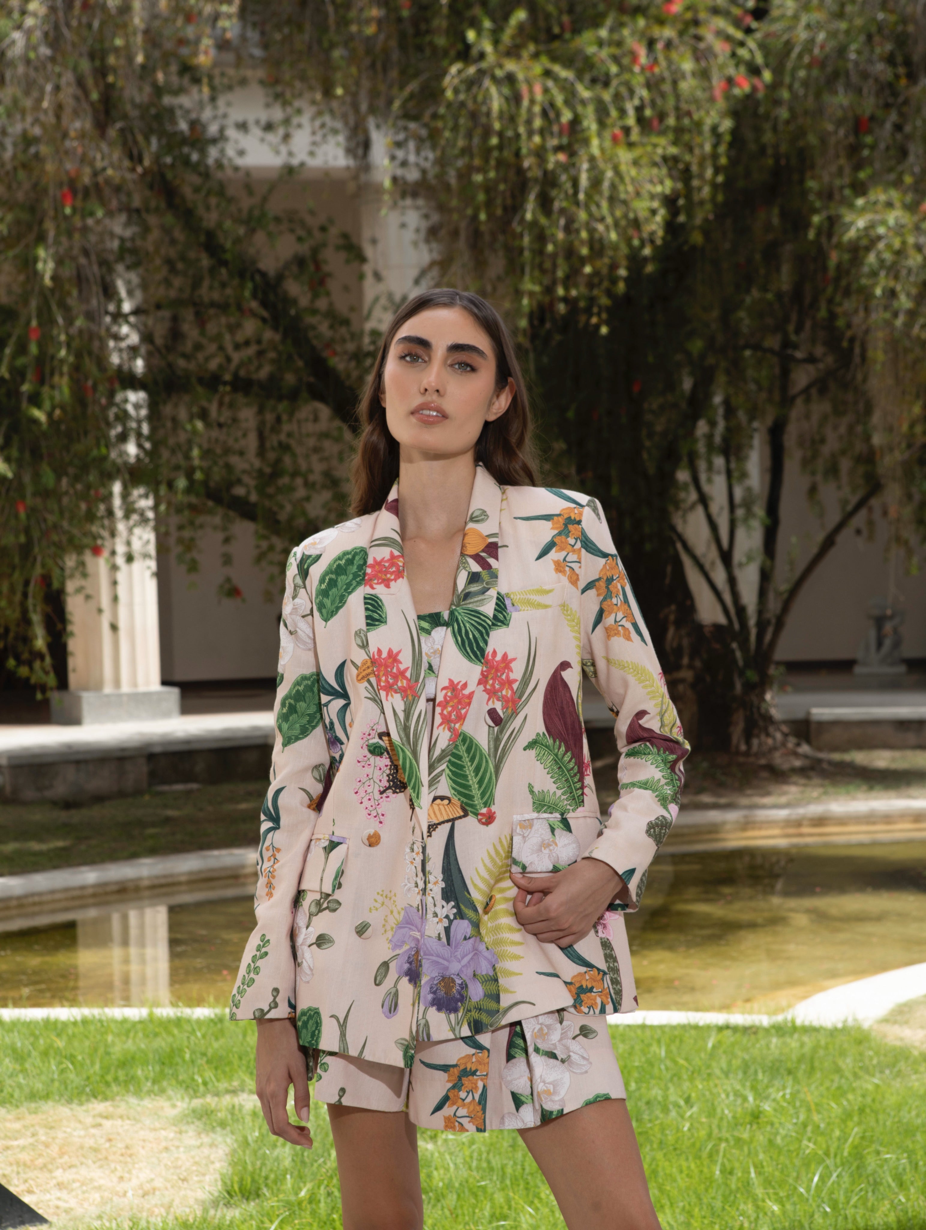 MARCELA TAILORED JACKET SUIT IN JARDIN PRINT SOFT KHAKI