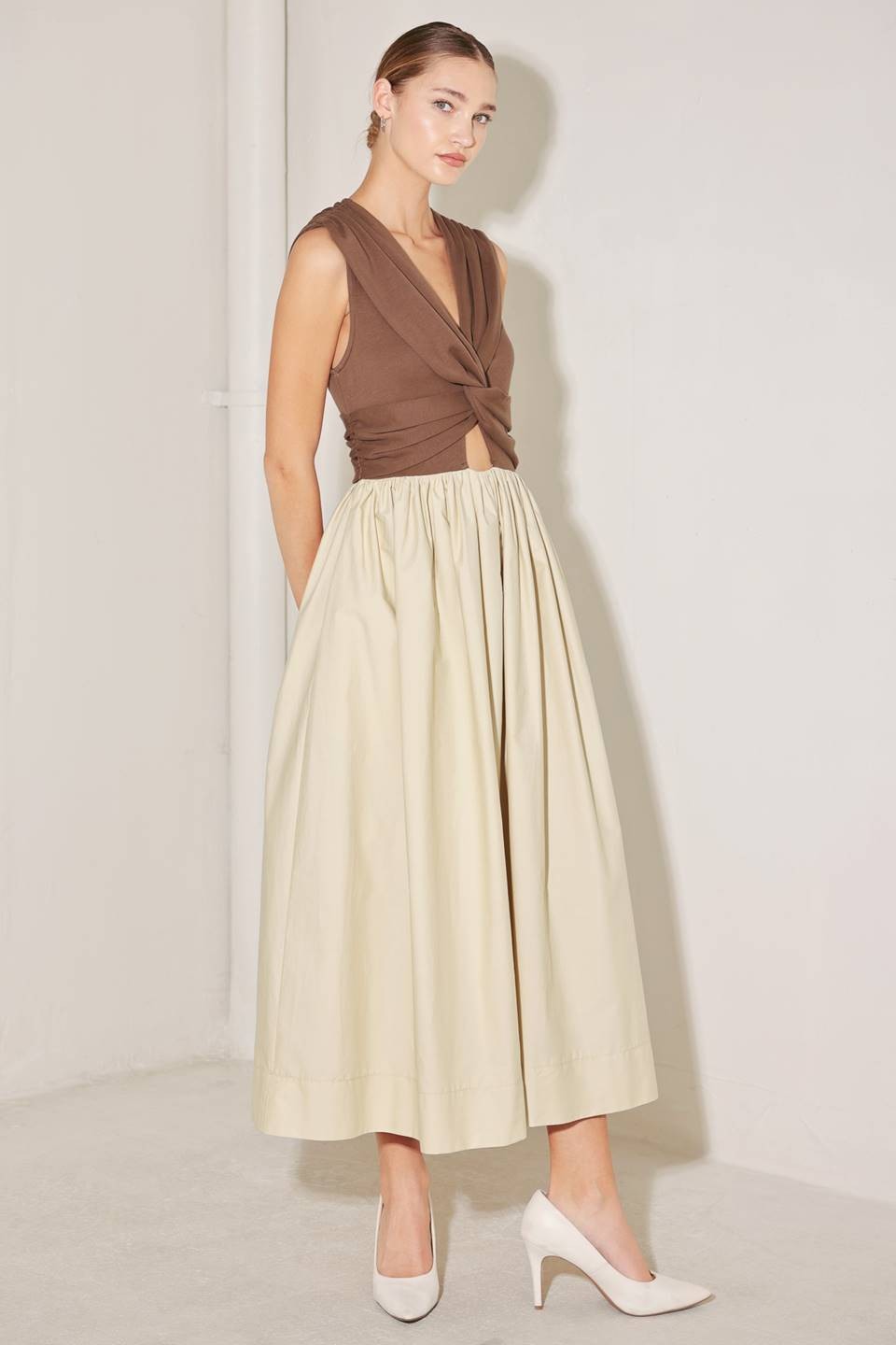 Two-Tone Twist Front Midi Dress