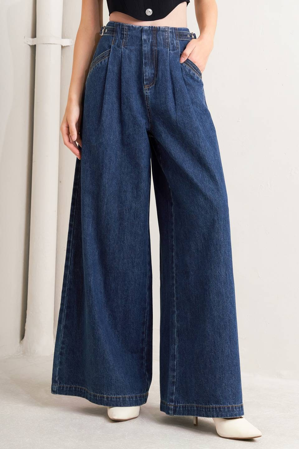 Side Buckle Detail Denim Pants