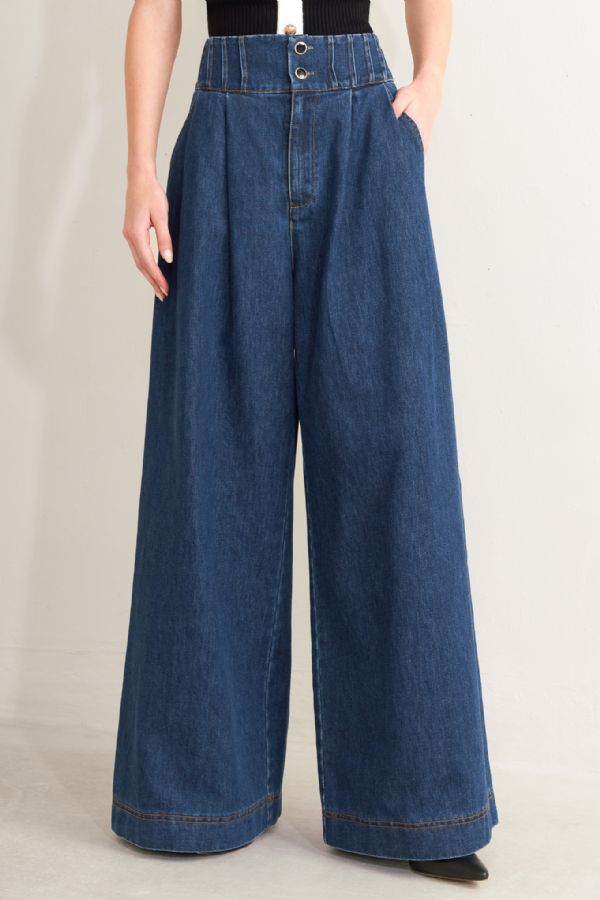 Indigo Washed Denim Wide-Leg Pants