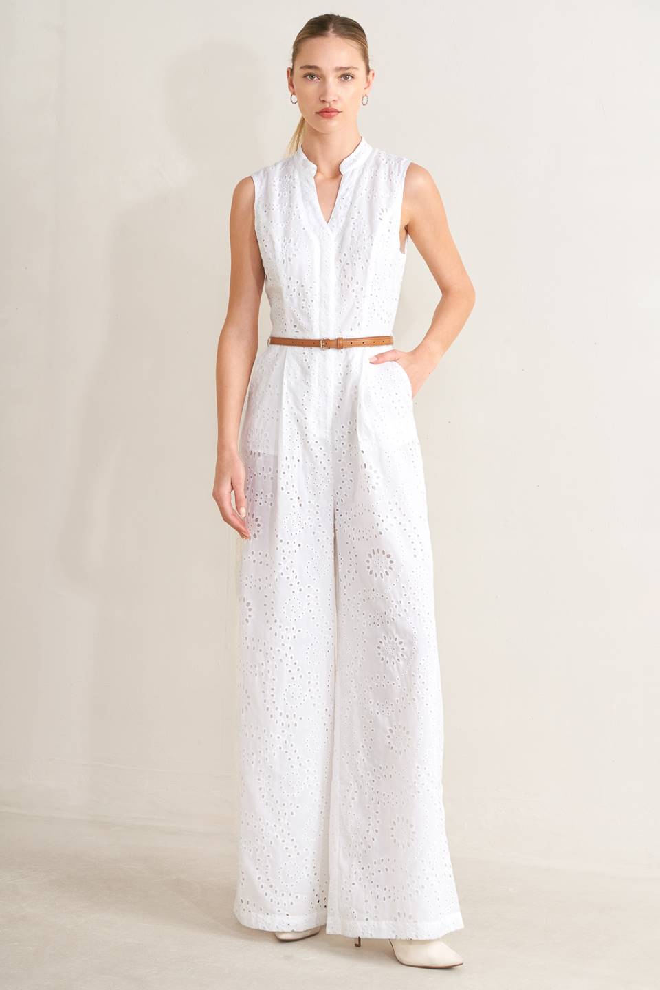 V-Neckline Woven Eyelet Jumpsuit