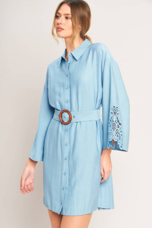 Soft Blue Belted Shirt Dress