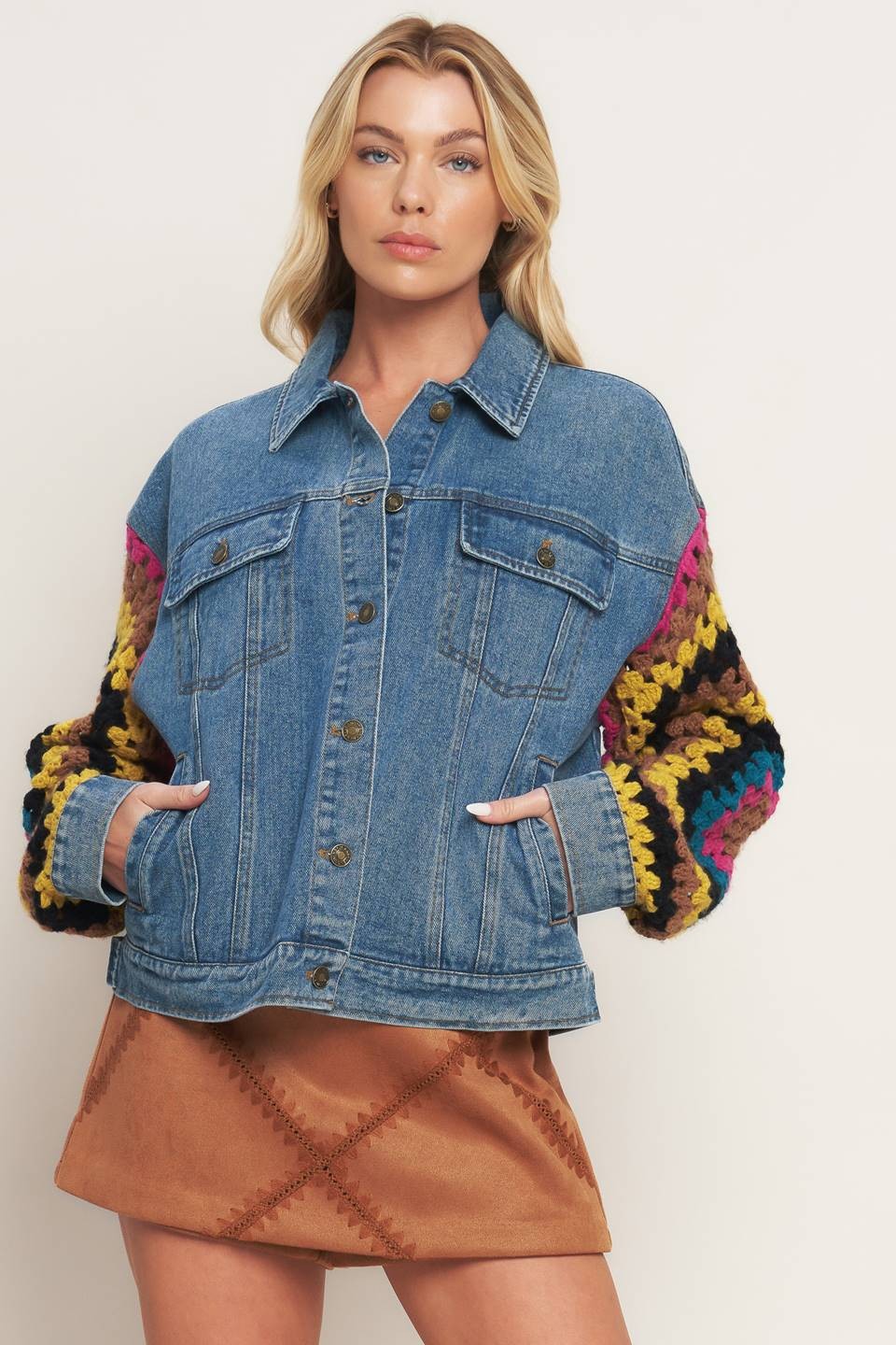 Denim Jacket with Crochet Contrast Sleeves