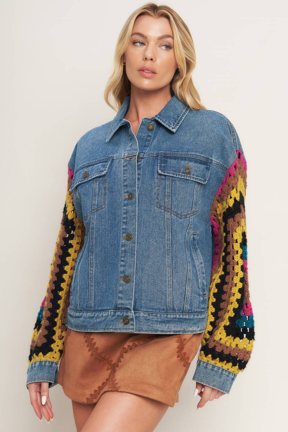 Denim Jacket with Crochet Contrast Sleeves