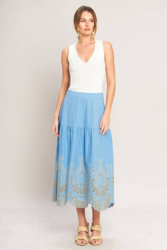 Blue Eyelet Midi Skirt