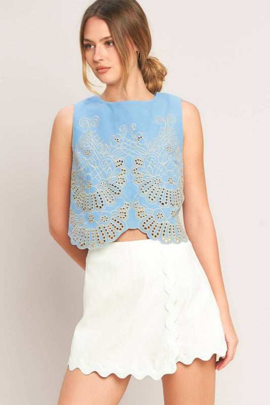 Embroidered Scalloped Hem Sleeveless Blouse