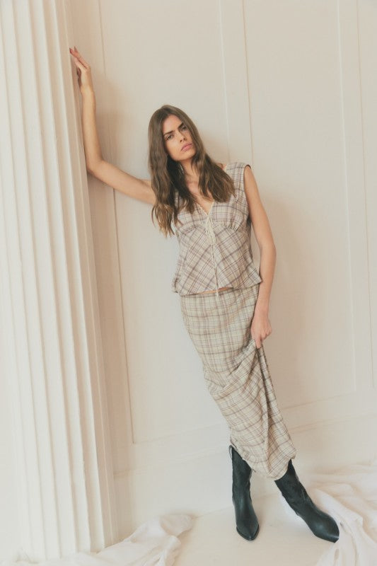 Paxton Plaid Midi Skirt With Lace Waistband