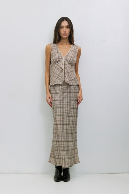 Paxton Plaid Midi Skirt With Lace Waistband