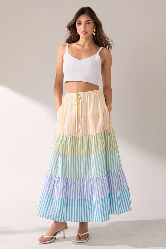 Striped Color Block Tiered Maxi Skirt