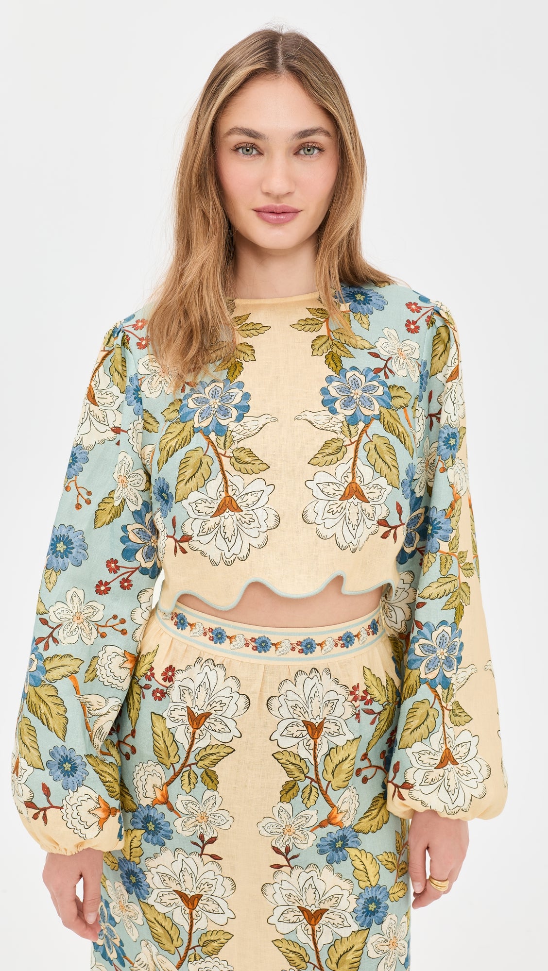 Farm Rio Garden Scarf Blue Long Sleeve Blouse